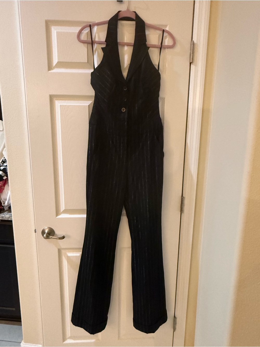 bebe Black Pinstripe Halter Jumpsuit